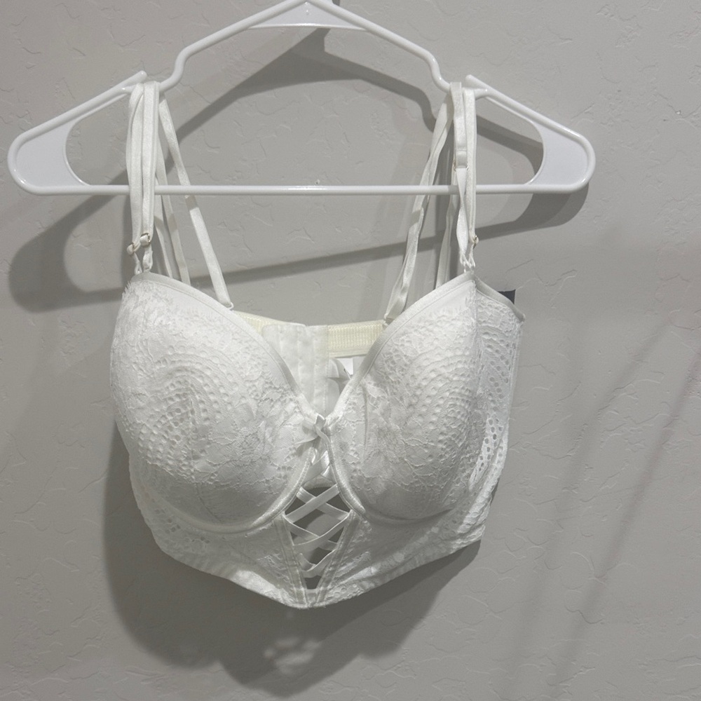 White Lace Longline Bralette with Front Lace-Up